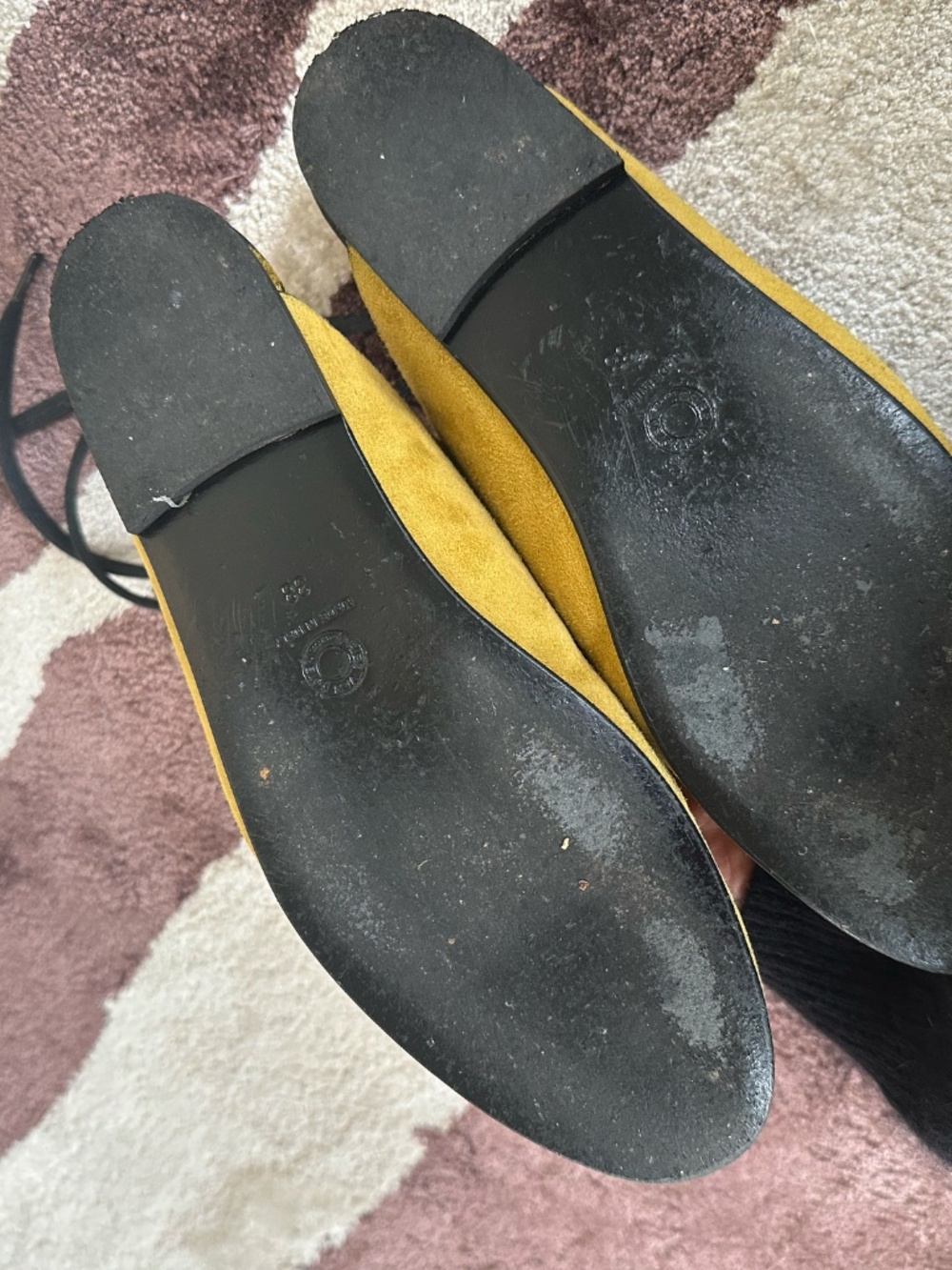 Dries Van Noten Suede Mules 38 Almond Pointed Toe Ballet Flat Laces Gold Yellow - Picture 8 of 9